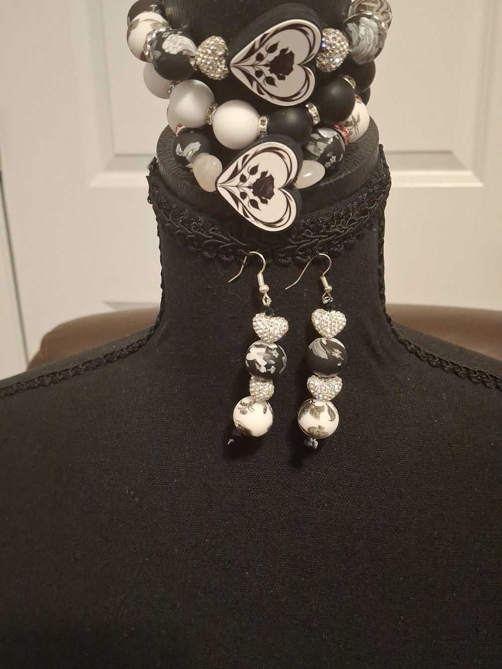 Handmade Black & White Heart Bead Bracelet Stack with Matching Dangle Earrings
